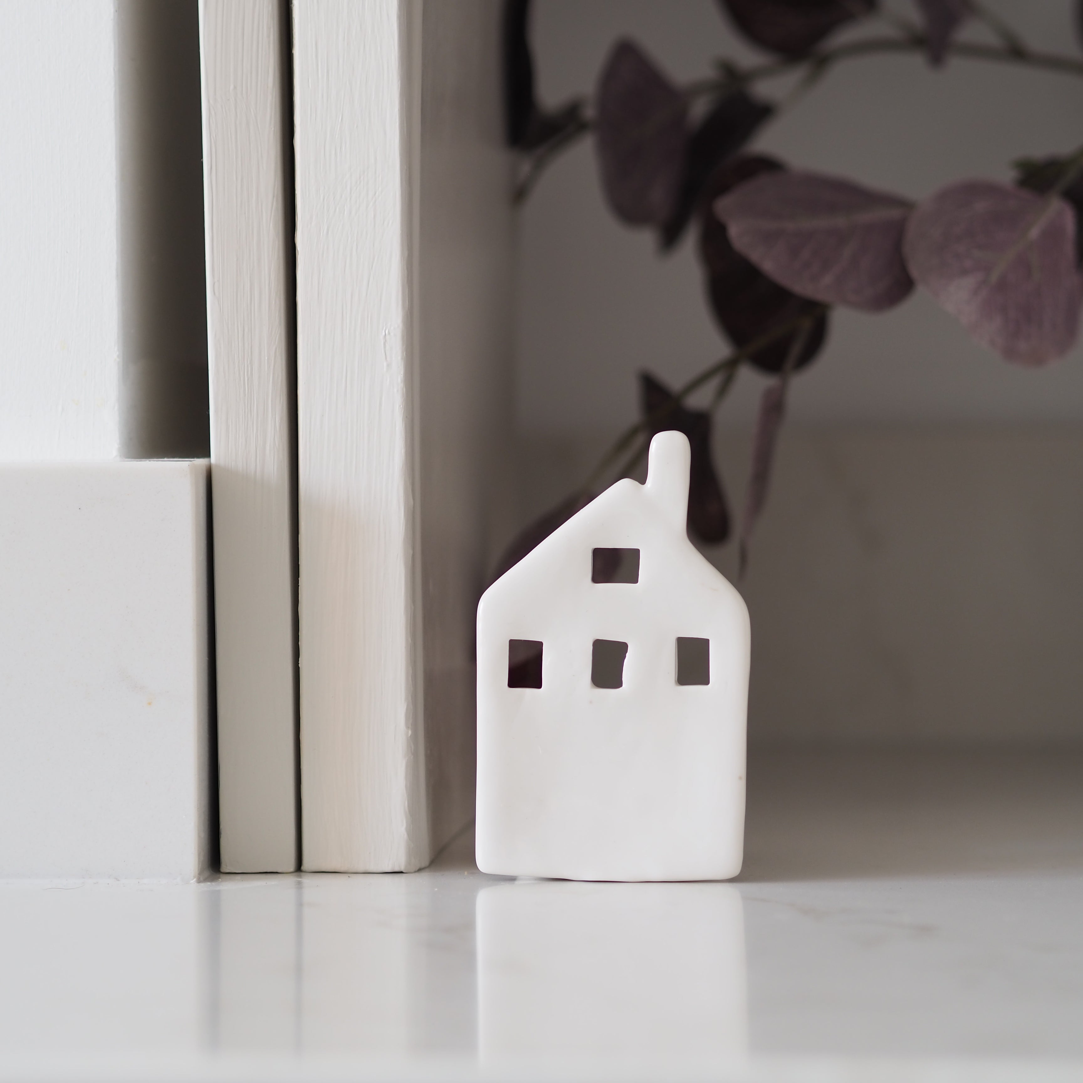 White Porcelain Tea Light House 4 Window Dot and Blush