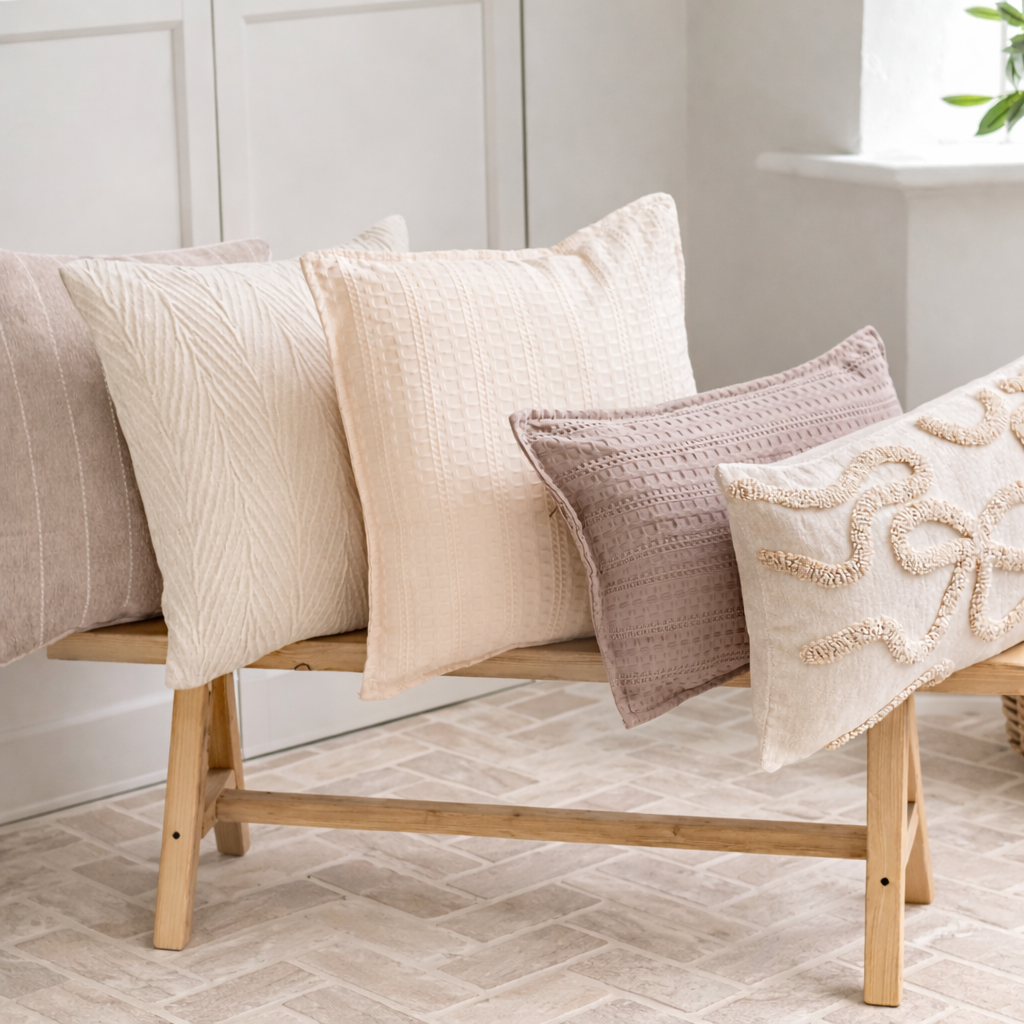 Set of decorative pillows on a wooden bench with a neutral color palette.