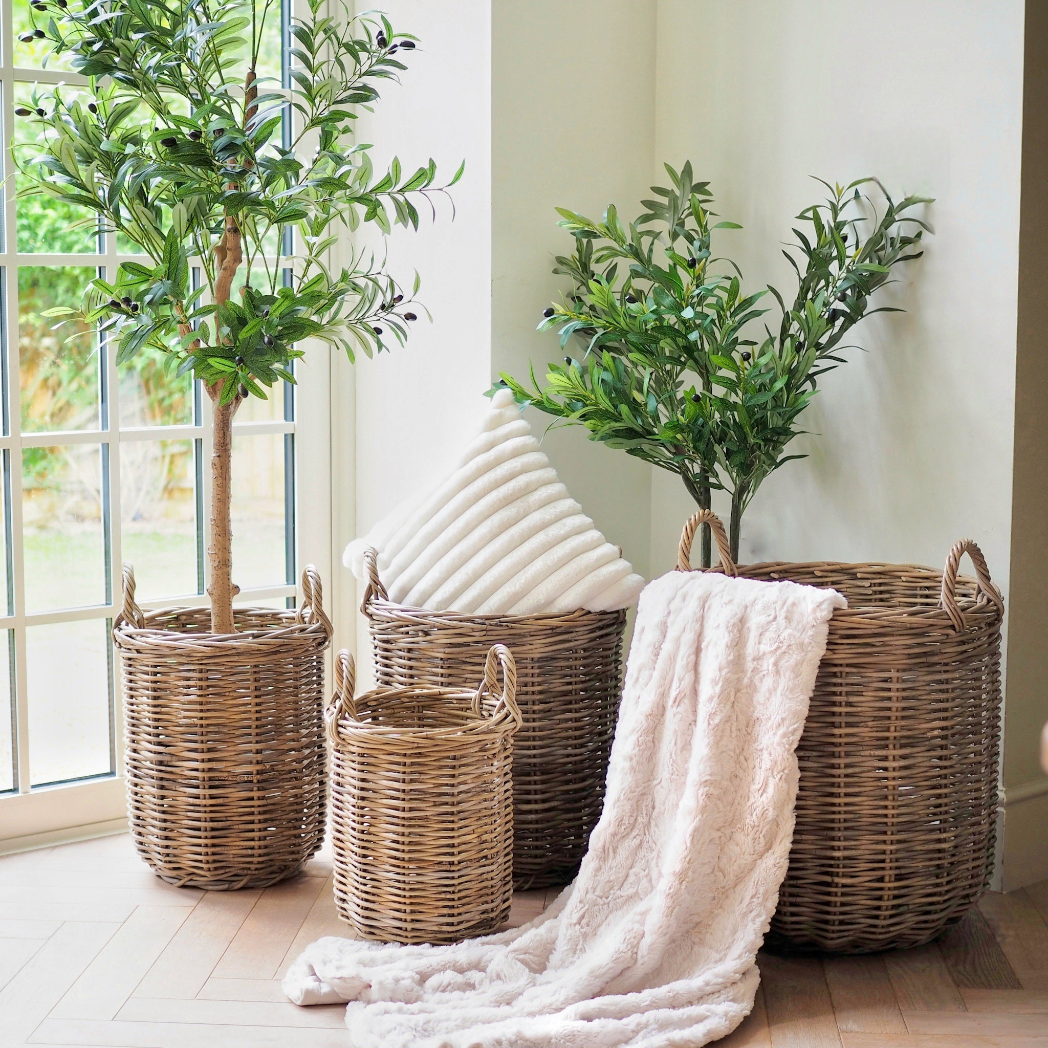 Wicker baskets with plants and a blanket in a bright room