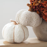 Two knitted decorative pumpkins, one cream and one off-white, styled on a wooden surface next to a vase of dried orange flowers.