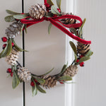 A pinecone and green leaf wreath with a red velvet ribbon bow, hanging on a white paneled door.