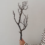 A person holds a decorative artificial bare tree branch with dark brown and black textured branches against a plain light gray background.
