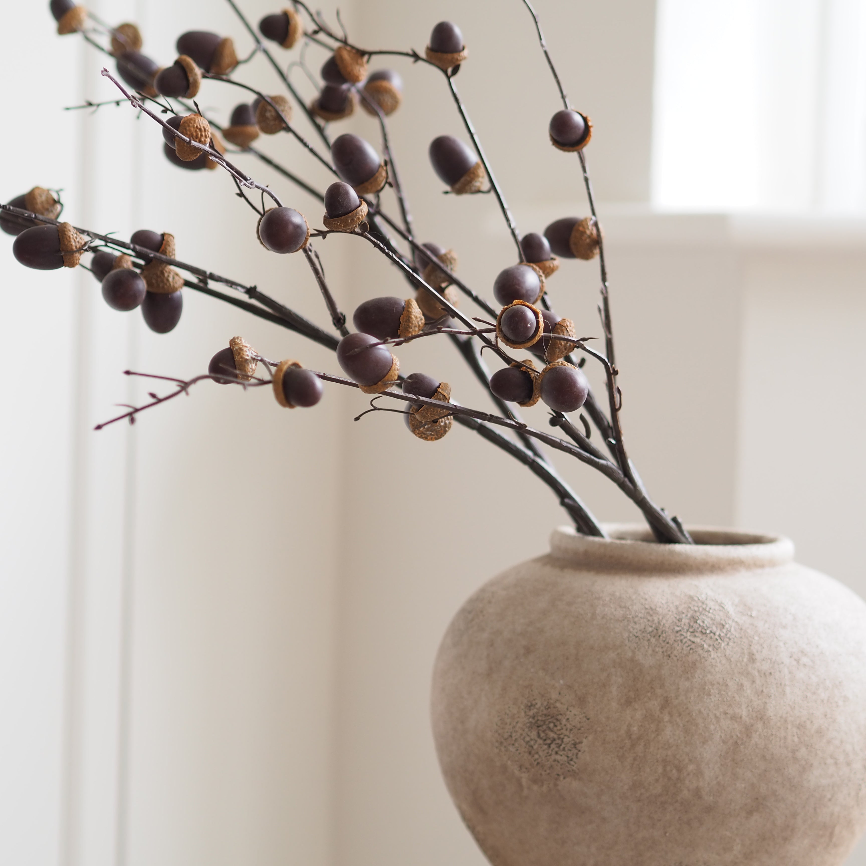 Acorn-filled decorative branches arranged in a textured beige ceramic vase against a soft cream background.