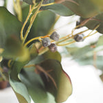 Close-up of artificial eucalyptus foliage with green leaves, yellow stems, and small brown berry-like accents on a softly blurred white background.