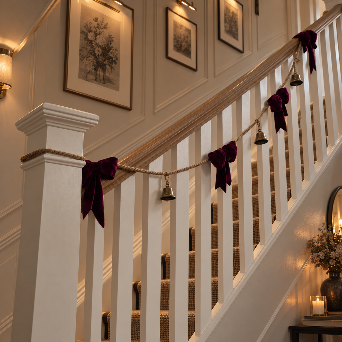 A festive indoor staircase decorated with a rope garland draped over white railings, accented with deep burgundy velvet bows and small brass bells. Framed wall art, warm wall sconces, and a lit candle are visible in the softly lit interior.